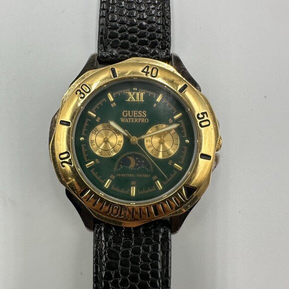 Vintage Guess Moon Phase Watch Men Gold Silver Tone Green Dial New Battery 8" - Picture 1 of 11